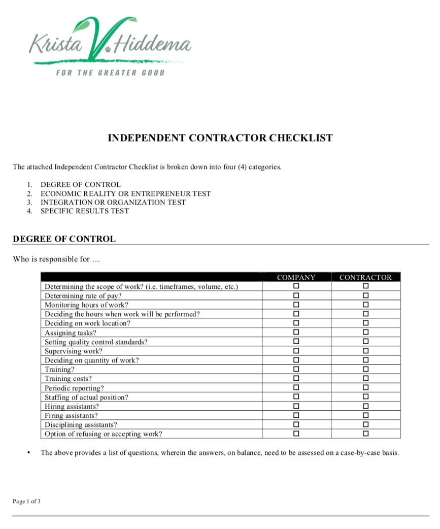 Independent contractor checklist (PDF).